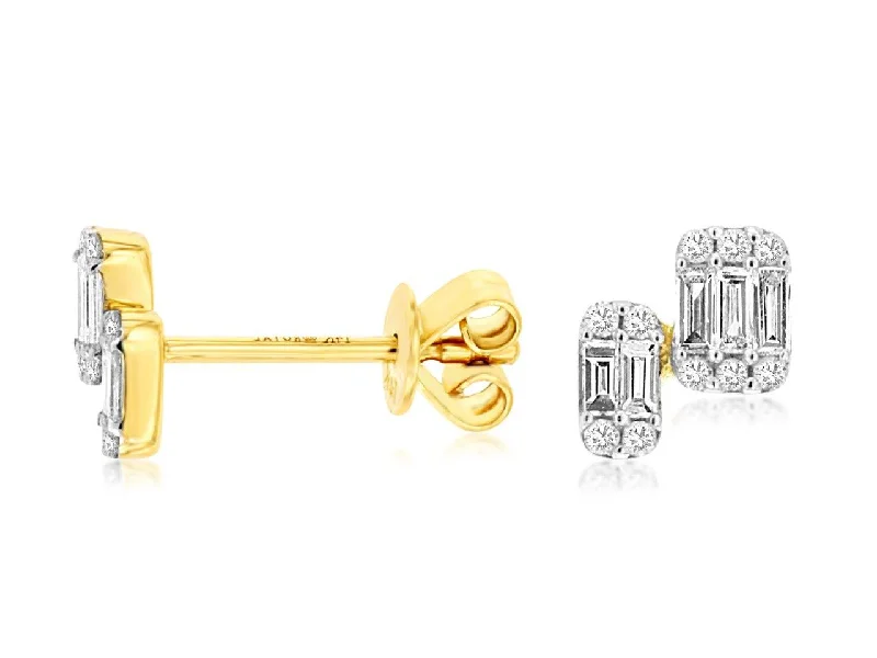 14K Yellow Gold Yellow Gold Baguette and Pave Diamond Stud Earrings