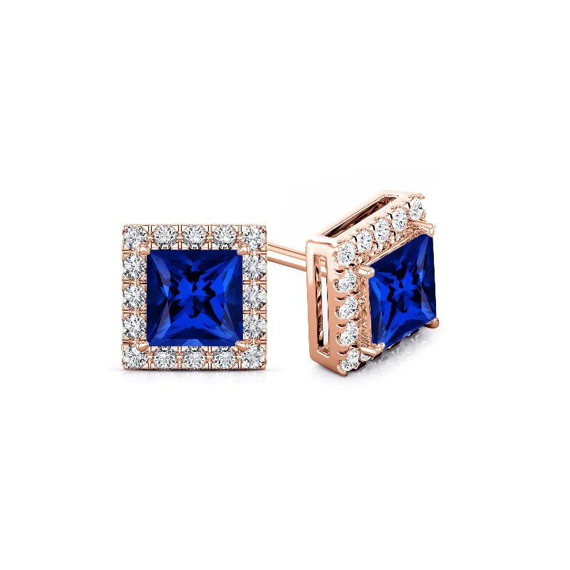 Auriya 14k Gold Lab Grown Gemstone Blue Sapphire Stud Earrings Princess 0.25 to 5.00 ct. tw. Halo Screw-Back