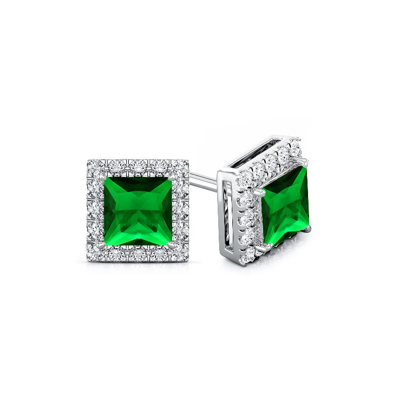 Auriya 14k Gold Lab Grown Gemstone Green Emerald Stud Earrings Princess 0.25 to 5.00 ct. tw. Halo Push-Back