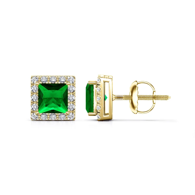 Auriya 14k Gold Lab Grown Gemstone Green Emerald Stud Earrings Princess 0.25 to 5.00 ct. tw. Halo Screw-Back