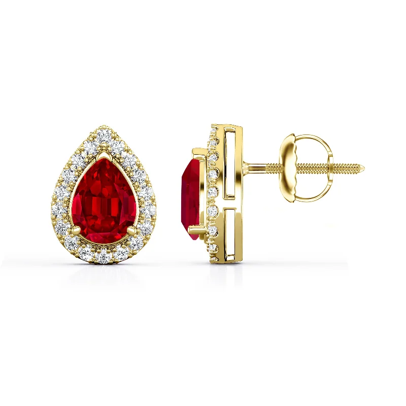 Auriya 14k Gold Lab Grown Gemstone Ruby Stud Earrings Pear 0.25 to 5.00 ct. tw. Halo Screw-Back