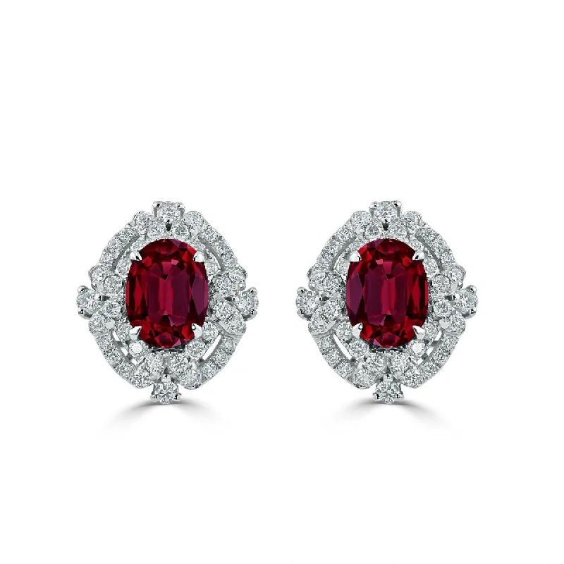 Auriya 2 3/4ct Vintage Oval-cut Red Ruby Halo Diamond Stud Earrings 5/8ctw 18k Gold