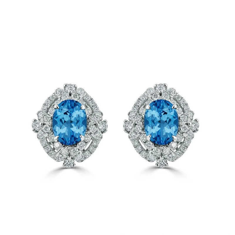 Auriya 3 1/5ct Vintage Oval-cut Blue Topaz Halo Diamond Stud Earrings 5/8ctw 18k Gold