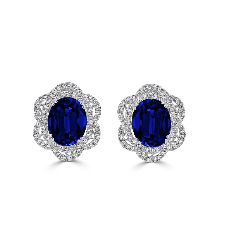 Auriya Vintage Inspired 6 9/10ct Blue Sapphire Oval and 5/8ct Diamond Halo Stud Earrings 18k Gold