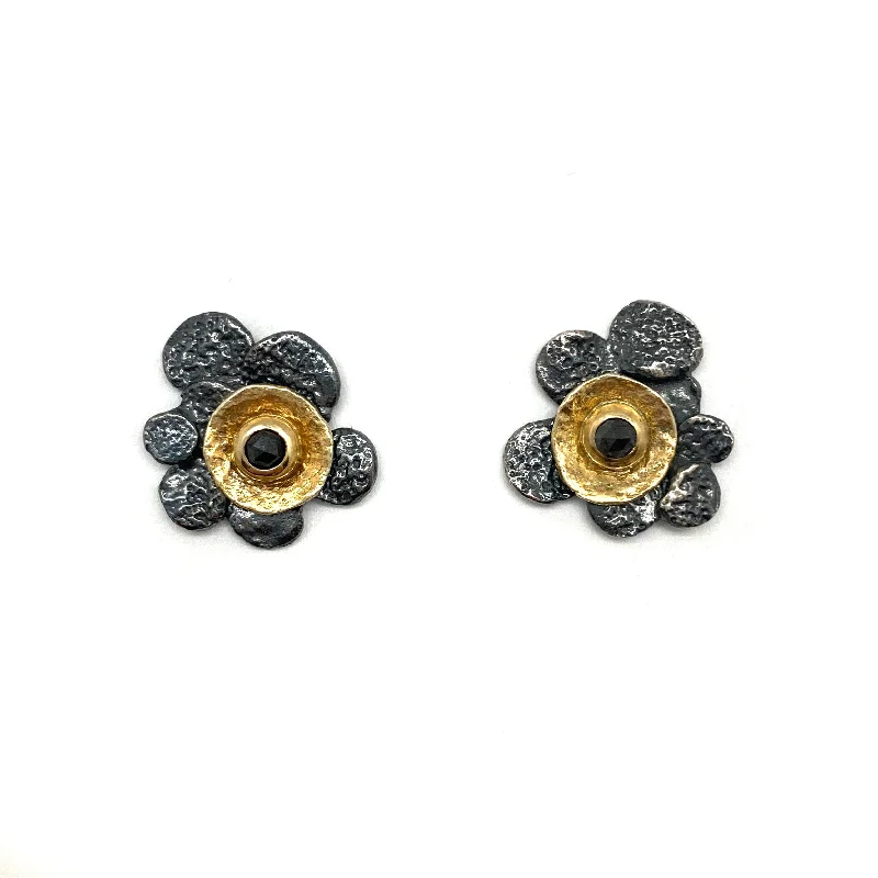 Black Diamond Flower Stud Earrings