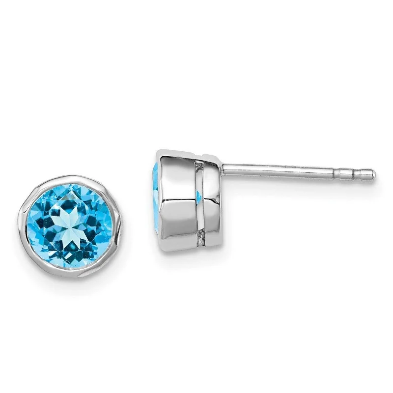 Curata 925 Sterling Silver Bezel Polished Post Earrings Rhodium plated Blue Topaz Circle Stud Earrings Jewelry Gifts for Women