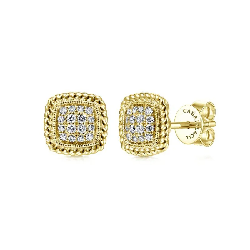 14K Yellow Gold Pave Diamond Stud Earrings with Twisted Rope Frame