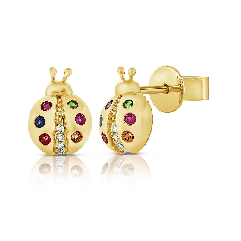 Joelle Ladybug Stud Earrings Multi Sapphire & Diamond 14K Gold