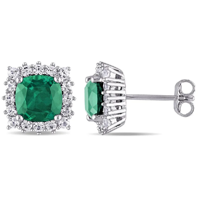 Miadora Sterling Silver Created Emerald and Created White Sapphire Halo Stud Earrings - Green