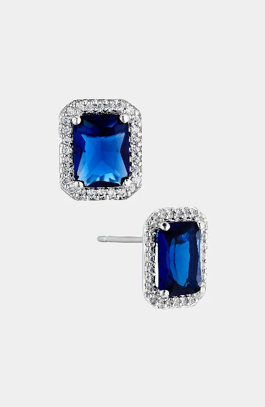 MODERN LOVE BLUE EMERALD HALO STUD EARRINGS