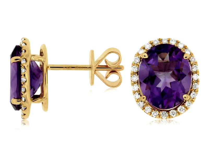 14K Yellow Gold Amethyst and Diamond Stud Earrings