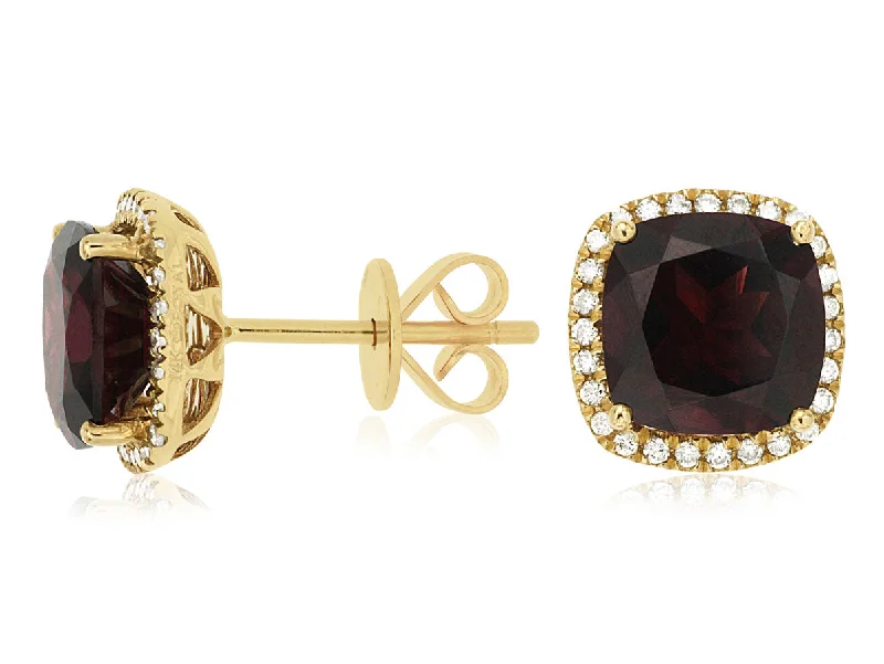 14K Yellow Gold Garnet and Diamond Stud Earrings