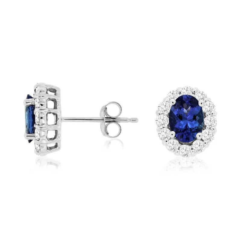 Natural Blue Oval Tanzanite Diamond Halo Stud Earrings Earrings in White Gold