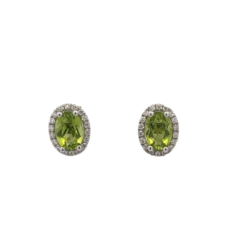 Oval Cut Peridot and Diamond Stud Earrings in White Gold