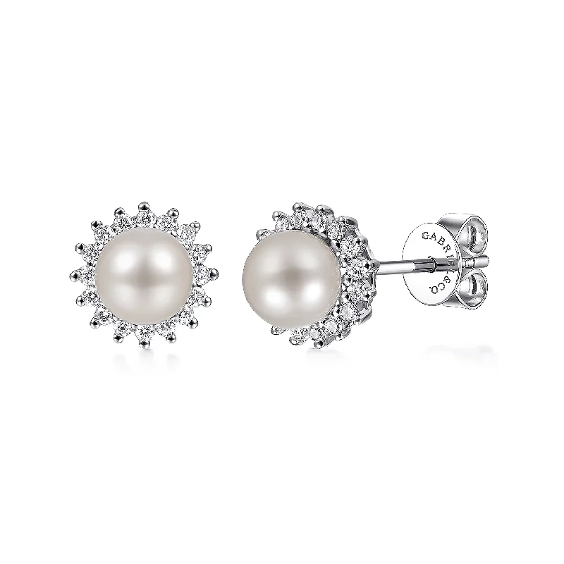 14K White Gold Pearl with Diamond Halo Stud Earrings