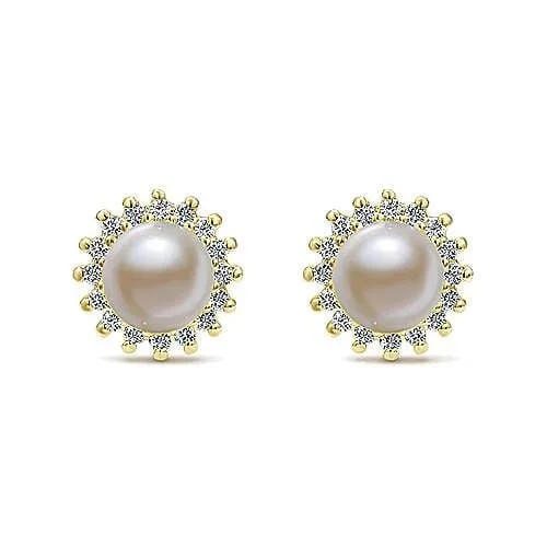 14K Yellow Gold Pearl with Diamond Halo Stud Earrings