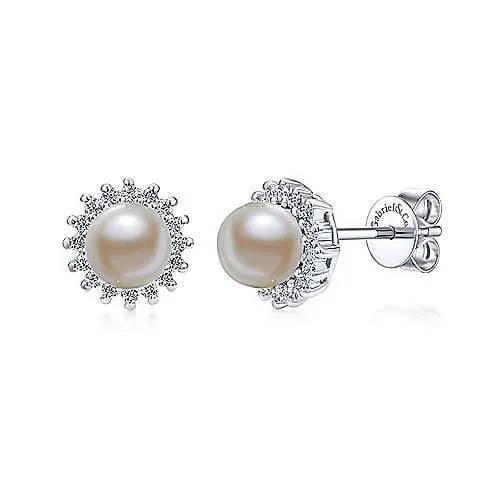 14K White Gold Pearl with Diamond Halo Stud Earrings