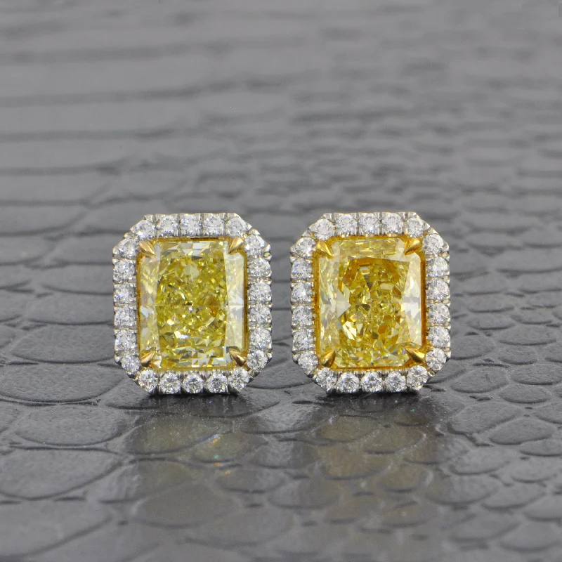 Statement Fancy Yellow Radiant Cut Diamond Stud Earrings in Platinum and 18k Gold