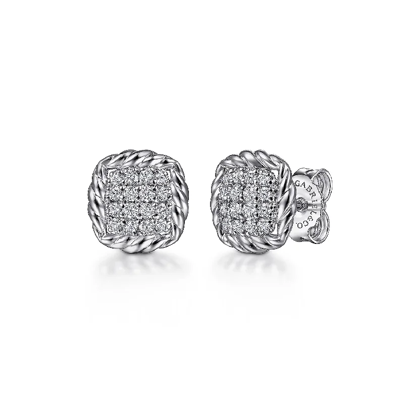 Sterling Silver White Sapphire Pave' Center and Rope Frame Stud Earrings