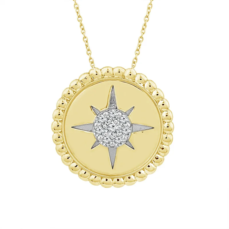 10K Yellow Gold Diamond Star Medallion Necklace with Beaded Edging