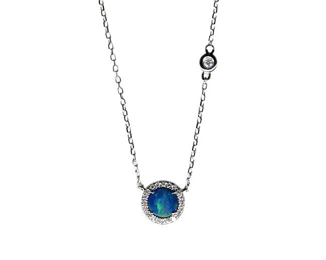 14K White Gold Australian Opal and Pavé Diamond Halo Necklace