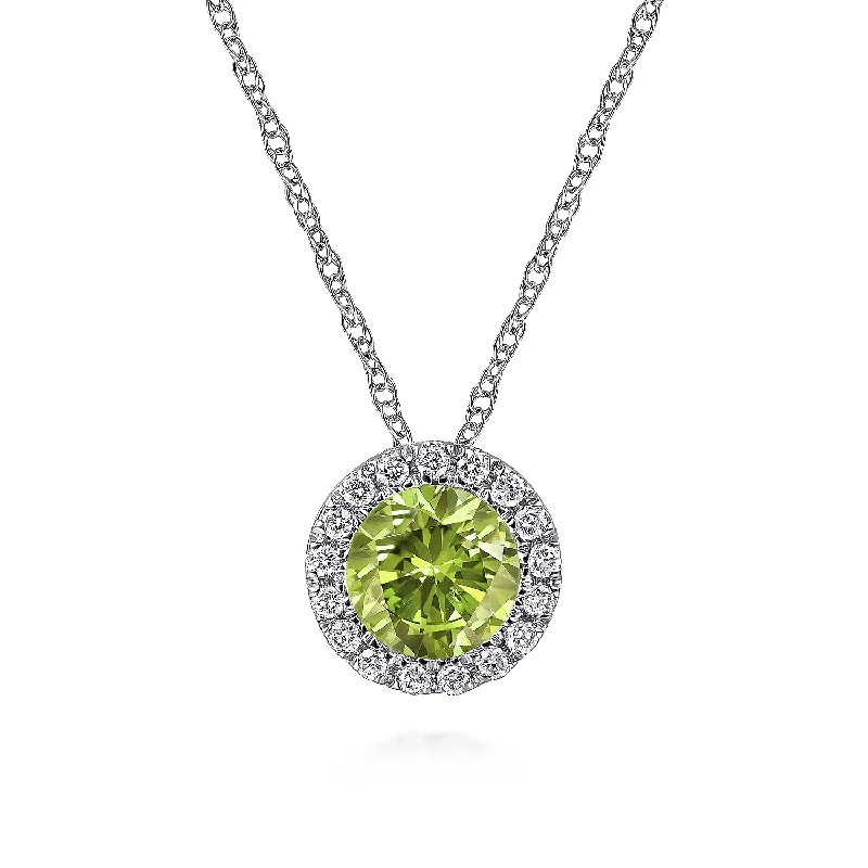 14k White Gold Diamond Halo Peridot Pendant Necklace