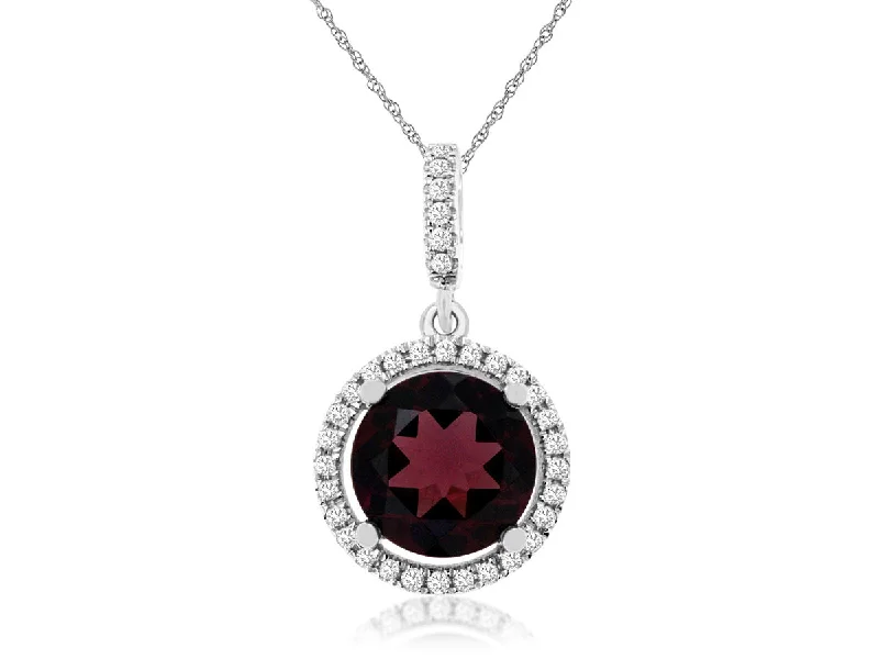 14K White Gold Garnet and Diamond Halo Necklace