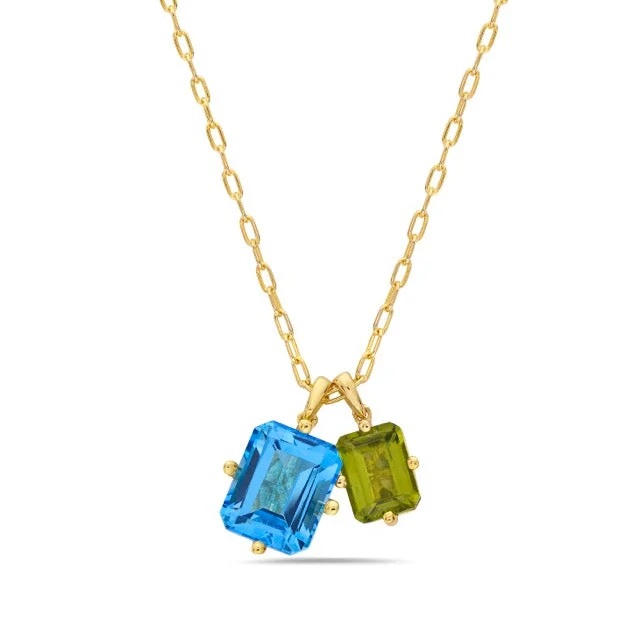 14K Yellow Gold Blue Topaz and Peridot Charm Necklace