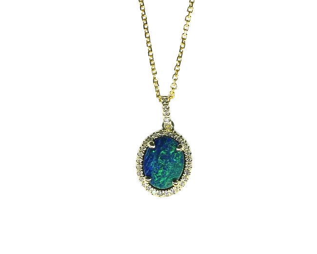 14k Yellow Gold Opal and Diamond Halo Necklace