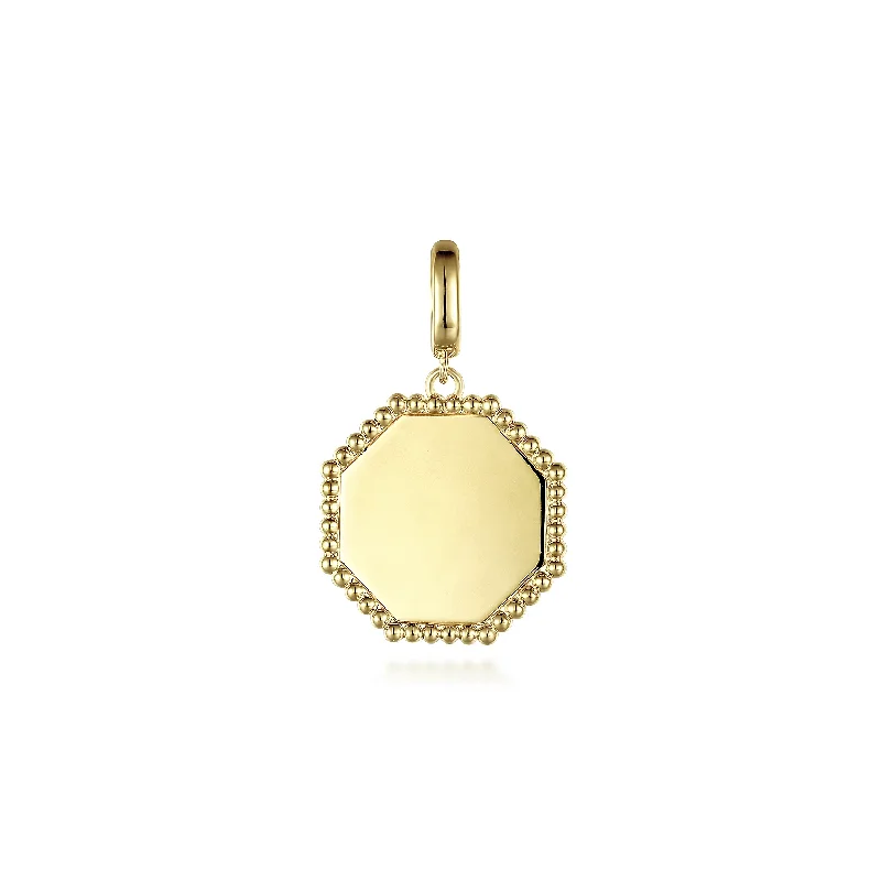 14K Yellow Gold Small Beaded Hexagon Personalize Medallion Pendant