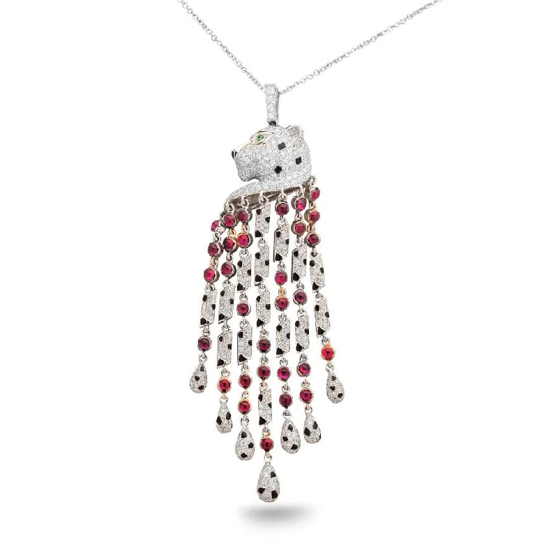 18KT WHITE GOLD DIAMOND AND RUBY PANTHER PENDANT