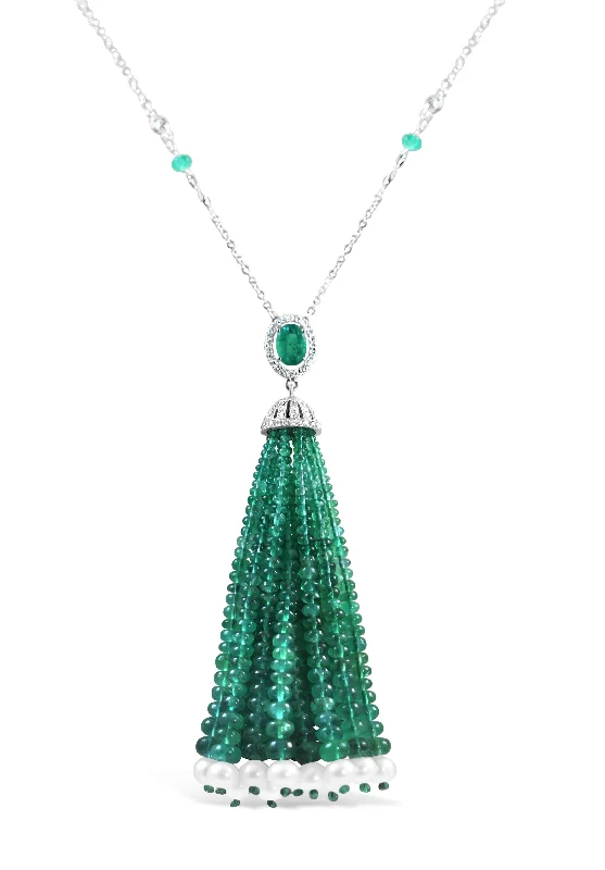 18KT WHITE GOLD EMERALD AND PEARL TASSEL NECKLACE