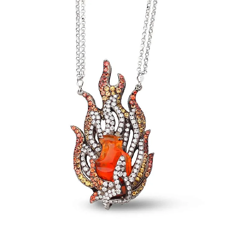 18KT WHITE GOLD FIRE OPAL AND DIAMOND PENDANT