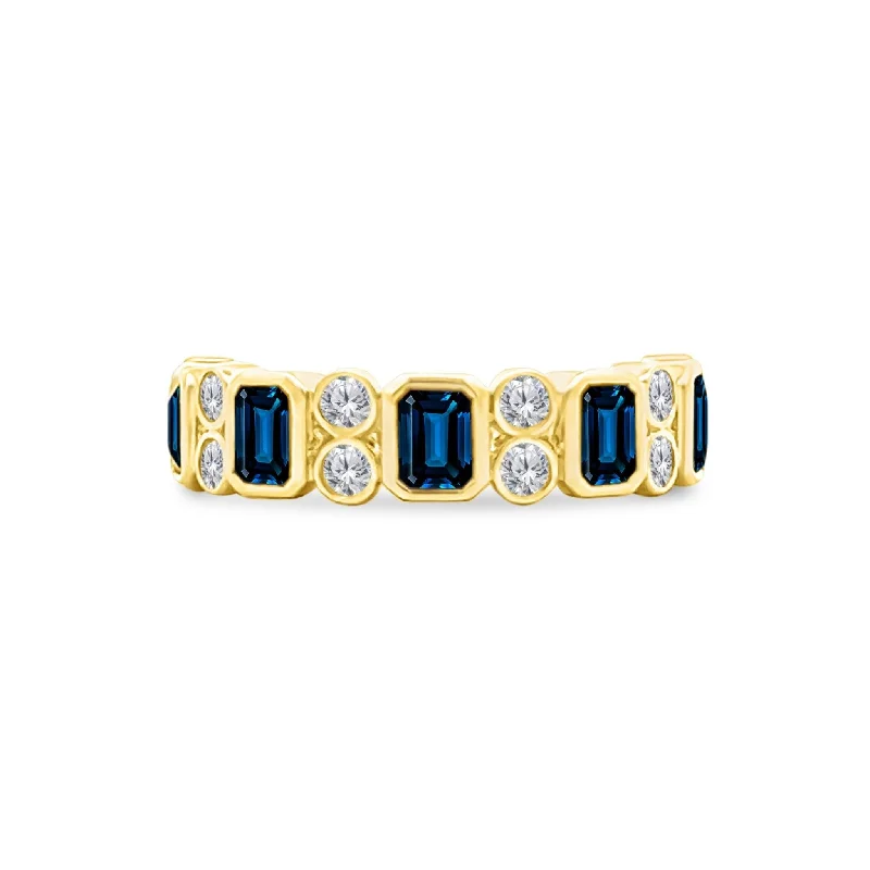 Alternating Emerald Cut Blue Sapphire & Double Diamond Bezel Band