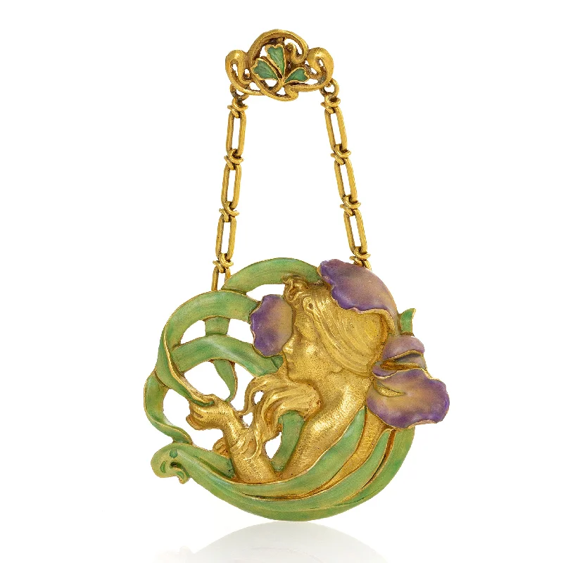 André Rambour "Femme-Fleur" Enamel Gold Pendant Necklace