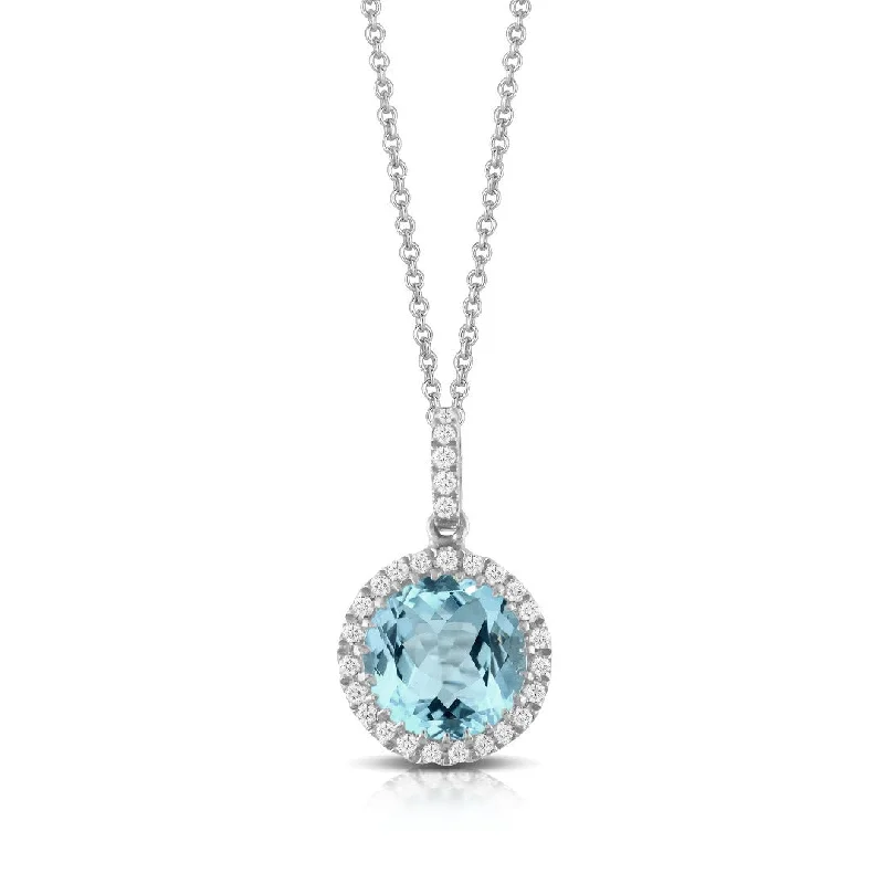 Blue Topaz & Diamond Halo Pendant 18K White Gold Necklace