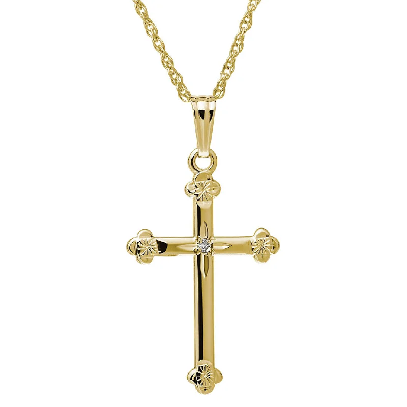 Diamond 14K Yellow Gold Budded Cross Pendant Necklace