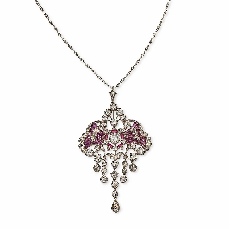 Edwardian Diamond and Plique-à-jour Enamel Pendant Necklace