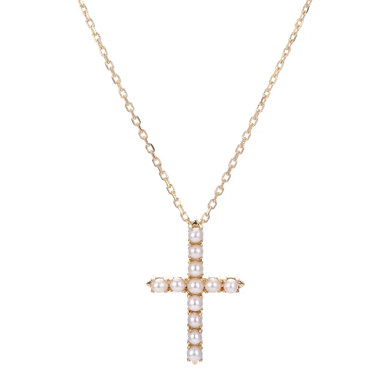 Freshwater Seed Pearl Cross 14K Yellow Gold Pendant Necklace