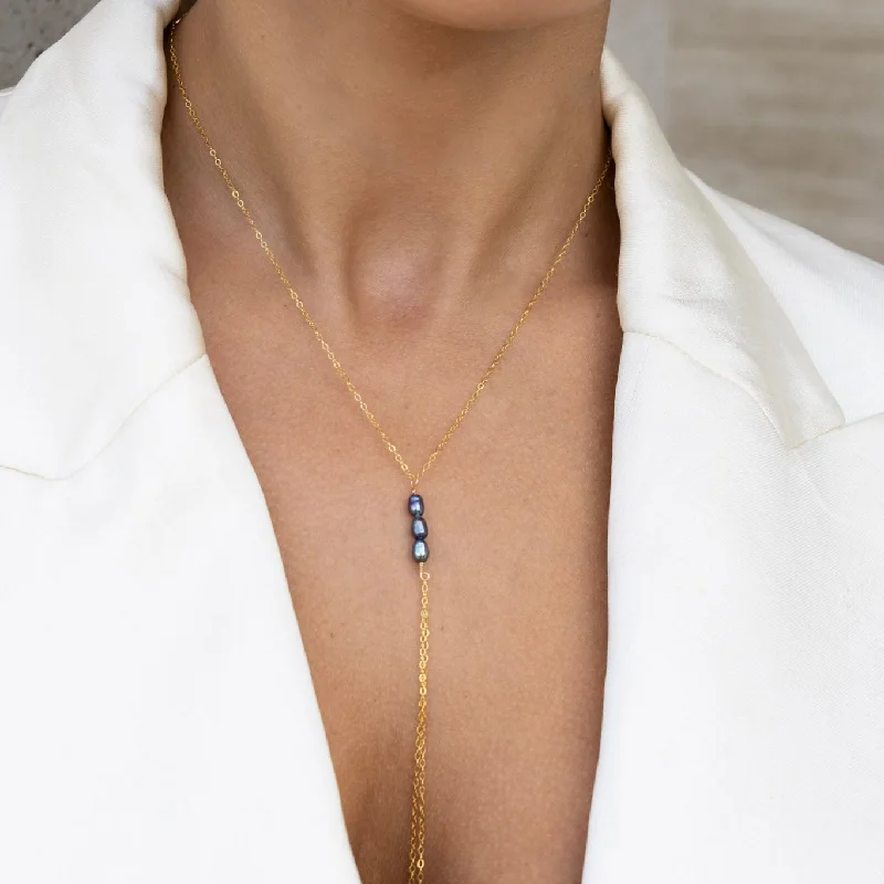 Trio Pearl Drop Lariat - Peacock