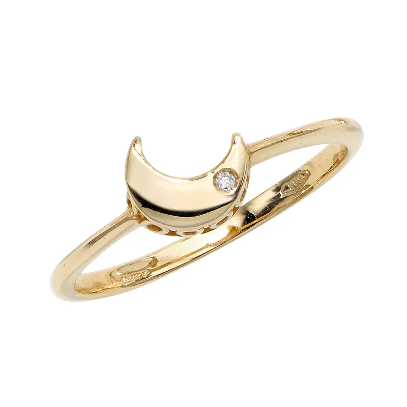 14kt Gold Size-7 Yellow Finish 6.5x7.2x1mm Polished Sideways Moon Ring  with 0.0050ct 1mm White Diamond