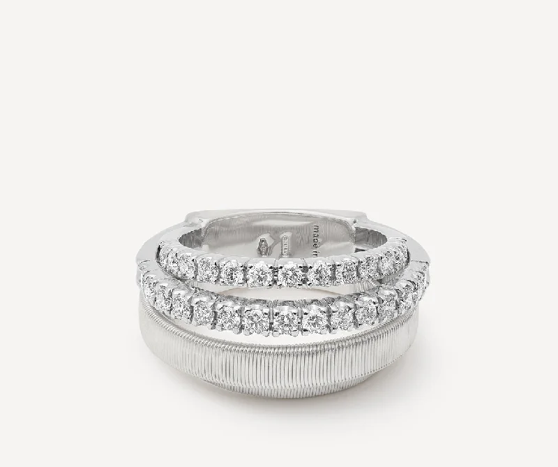 18K White Gold 4-Strand Coil Ring With 2 Diamond Pavé Bands