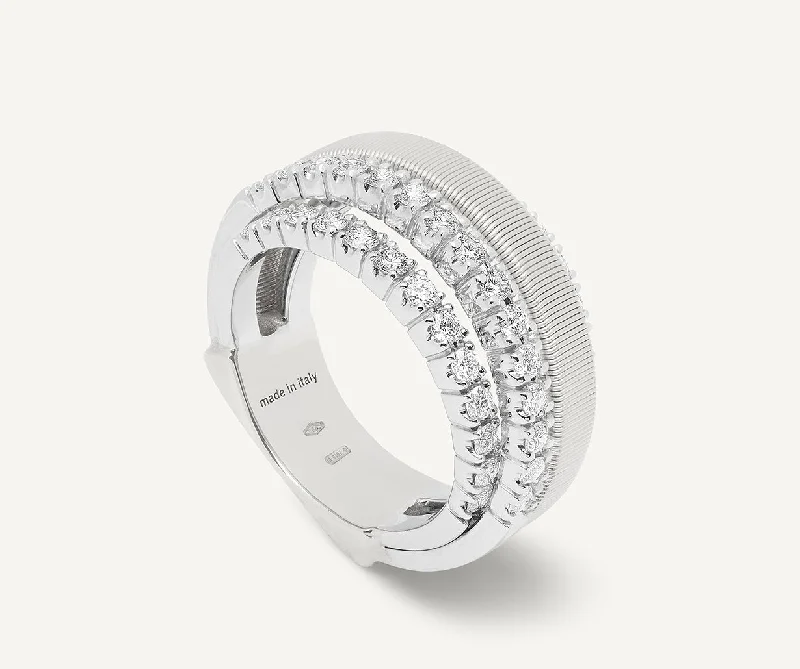 18K White Gold 4-Strand Coil Ring With 3 Diamond Pavé Bands