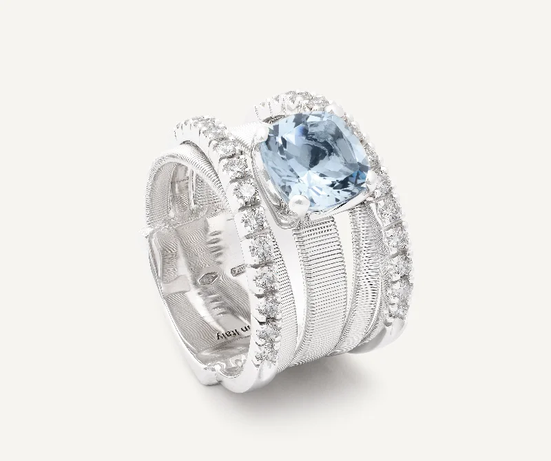 18K White Gold Five-Strand Ring With Aquamarine and Diamonds