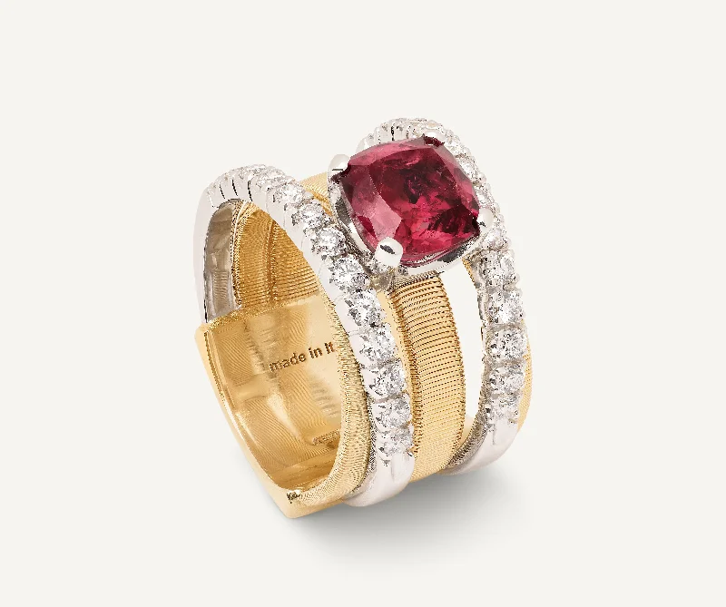 18K Yellow Gold 5-Strand Ring With Pink Tourmaline and Diamonds