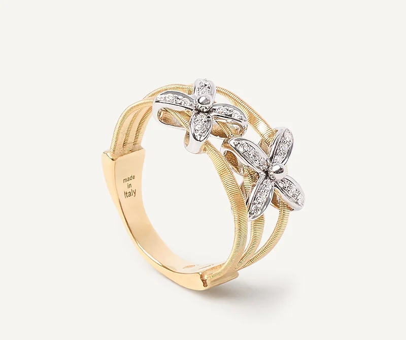 18K Yellow Gold Coil Ring with 2 Diamond Flower Accents