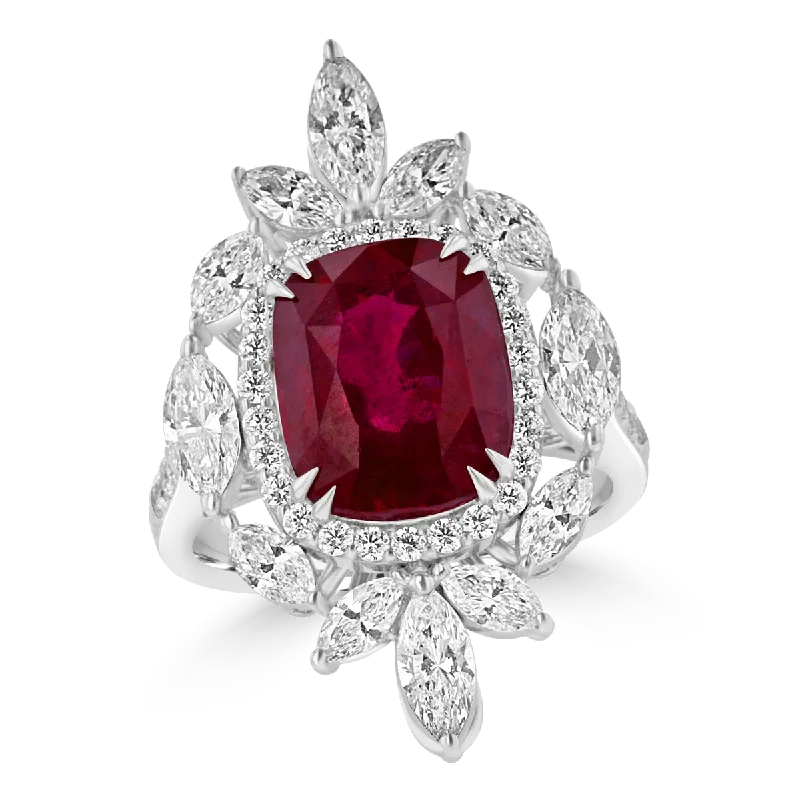 JULEVE 18KT WHITE GOLD 6.03 CT RUBY & 2.01 CTW DIAMOND HALO RING