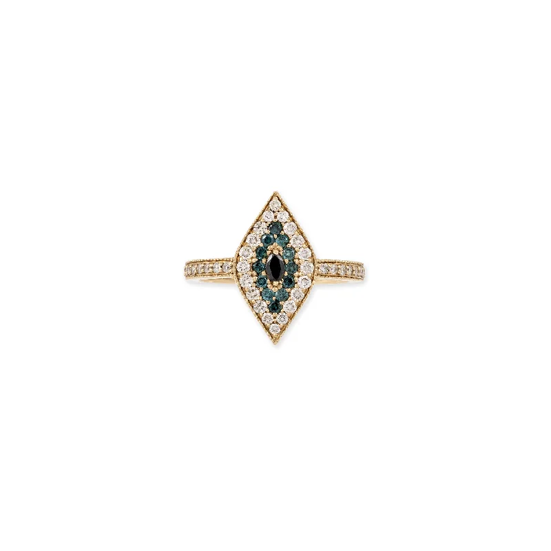 BLUE AND WHITE PAVE + MARQUISE BLACK DIAMOND RING