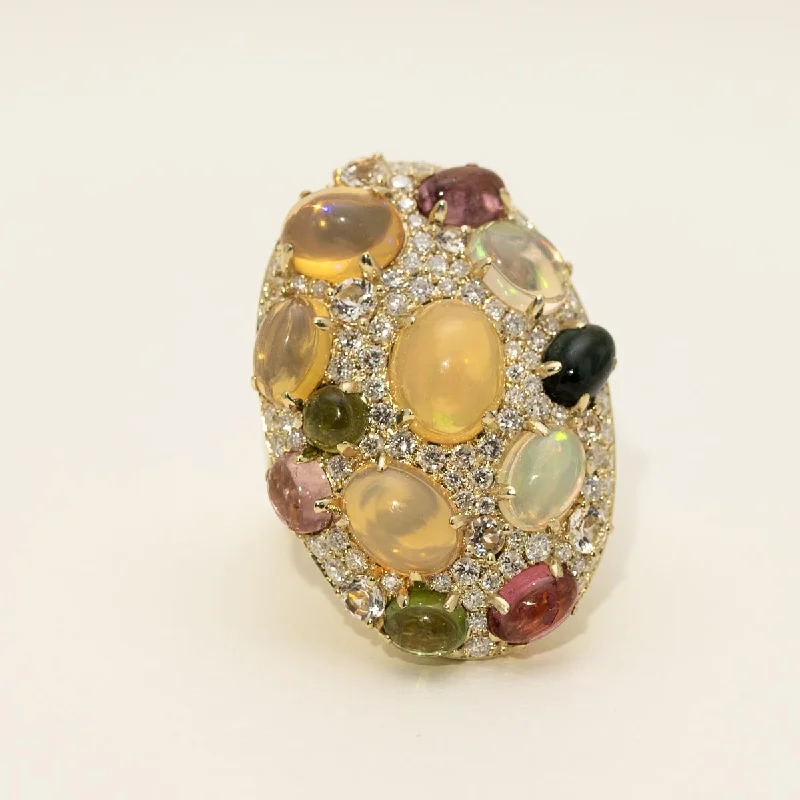 Dabakarov Oval Opal and Multicolor Tourmaline and White Quartz Ring in 14kt Yellow Gold with Diamonds (1ct tw)