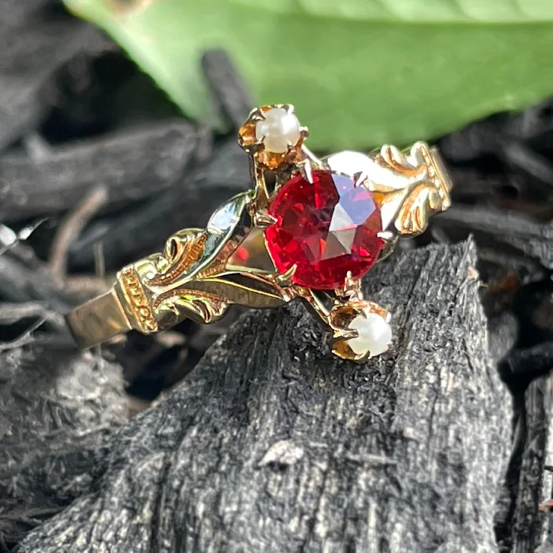 Estate 10k Yellow Gold Victorian Ring with Red Garnet and Glass Doublet Center and Seed Pearl Accents